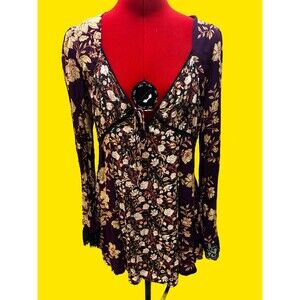 Free People Odette Floral Print Espresso Tunic Long Sleeve Top M Fairy Whimsical